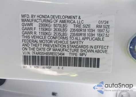 2024 Honda Cr-V Hybrid Sport-L from USA, damaged, VIN 7FARS5H85RE023494